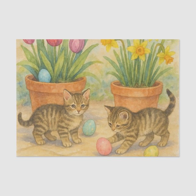 Papier Mousseline Chatons jouant avec des œufs de Pâques  (Recto)