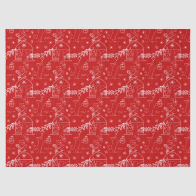 Papier Mousseline Chats de Noël d'hiver rouge vert & blanc (Recto)