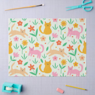 Papier Mousseline Chats Joyeux Retro avec Orange Rouge et fleurs de