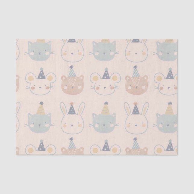 Papier Mousseline Chats mignons Lapins et ours Visite Pastel Motif (Recto)