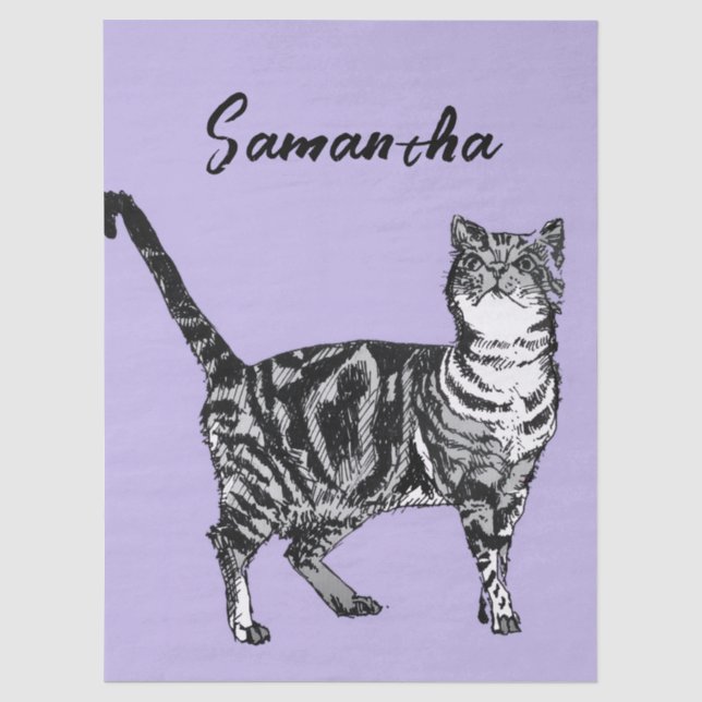 Papier Mousseline Chatte tigrée noire et blanche Nom Violet  (Recto)
