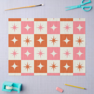 Papier Mousseline Checkered Mid Century Atomic Stars Pink Orange 