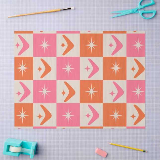 Papier Mousseline Checkered Mid Century Boomerangs pink and orange  (Artisanat)
