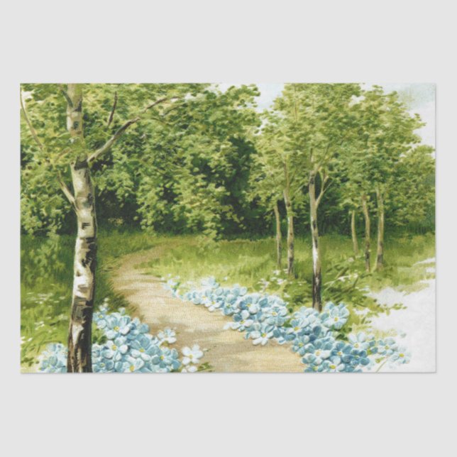 Papier Mousseline Chemin forestier Bouleau Arbres Fleurs bleues Déco (Recto)