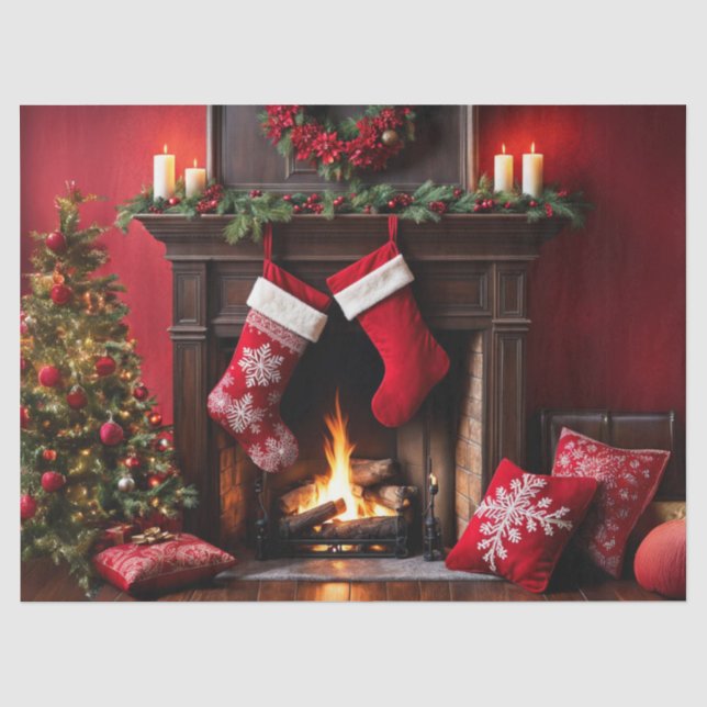 Papier Mousseline Cheminée de Noël cosy avec découpage de chaussette (Recto)