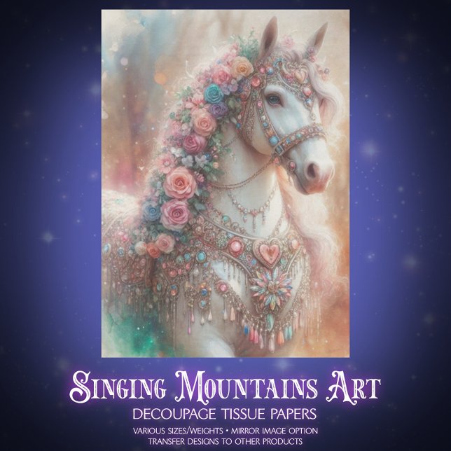 Papier Mousseline Cheval Blanc avec Fleurs Decoupage (Créateur téléchargé)