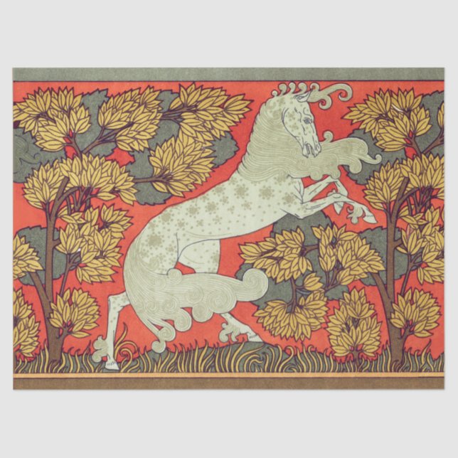 Papier Mousseline CHEVAL BLANC RAMPANT, ARBRES EN BOIS Art Nouveau (Recto)