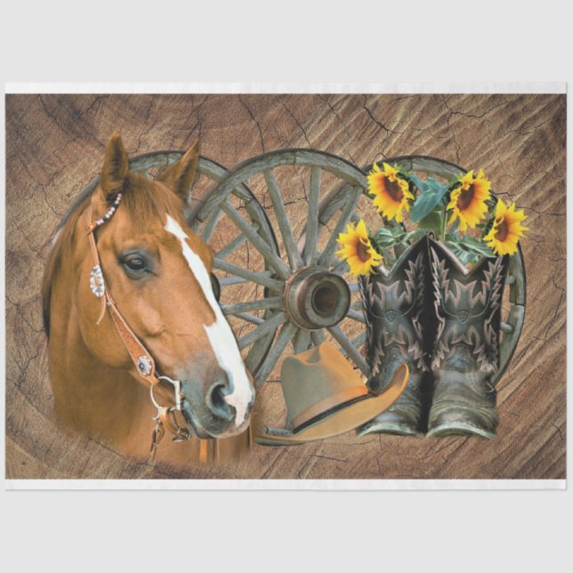 Papier Mousseline Cheval Boot Boots Wagon Wheels Sunflower Western (Recto)