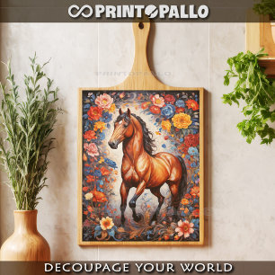 Papier Mousseline Cheval brun rampant sur fond de fleurs