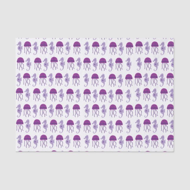 Papier Mousseline Cheval de mer et méduse violet et blanc (Recto)