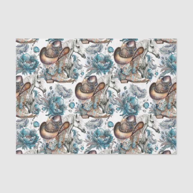 Papier Mousseline Cheval fille cowgirl motif floral turquoise (Recto)