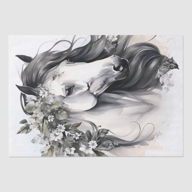 Papier Mousseline Cheval floral noir et blanc Boho (Recto)