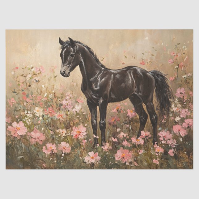 Papier Mousseline Cheval Foal avec Fleurs Roses Bleues Découpage (Recto)
