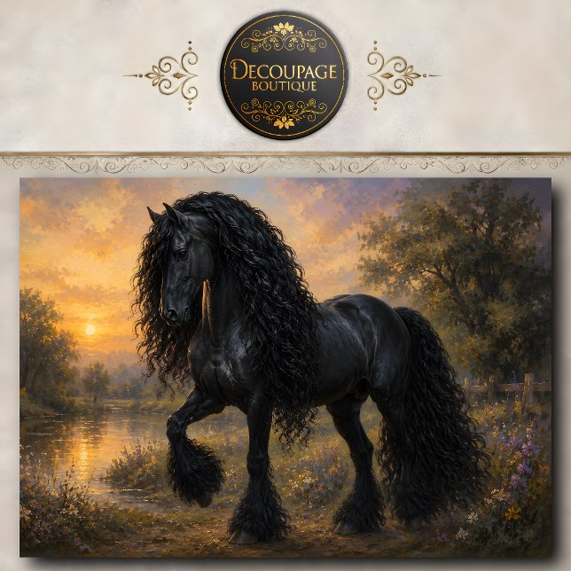 Papier Mousseline Cheval Frison Noir Coucher de Soleil (Black Friesian Horse Sunset Tissue Paper)