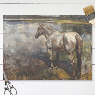 Papier Mousseline Cheval gris surplombant la rivière Peinture Découp