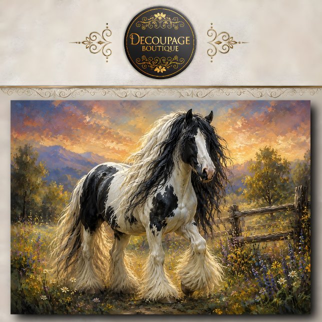 Papier Mousseline Cheval Gypsy Vanner noir et blanc (Black and White Gypsy Vanner Horse Tissue Paper)