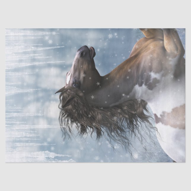 Papier Mousseline Cheval Mustang Dans La Neige (Recto)