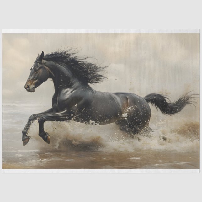 Papier Mousseline Cheval noir courant sur la plage découpage (Recto)