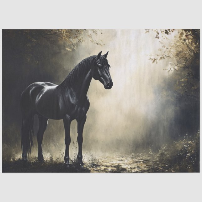 Papier Mousseline Cheval noir dans une forêt d'automne brumeuse (Recto)