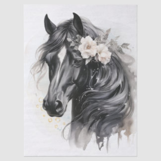 Papier Mousseline Cheval noir floral aquarelle bohème