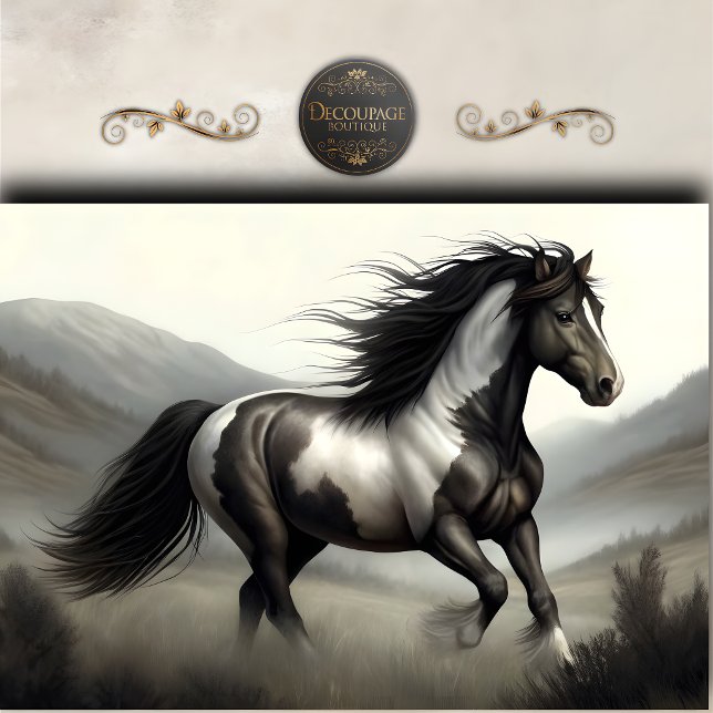 Papier Mousseline Cheval Pinto Noir Et Blanc Decoupage (Black And White Pinto Horse Decoupage Tissue Paper)