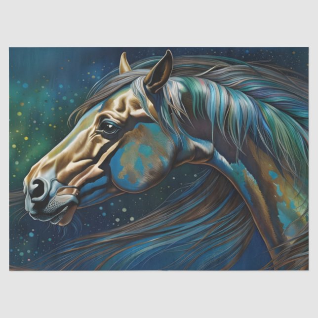 Papier Mousseline Cheval Turquoise bleu vert brun (Recto)