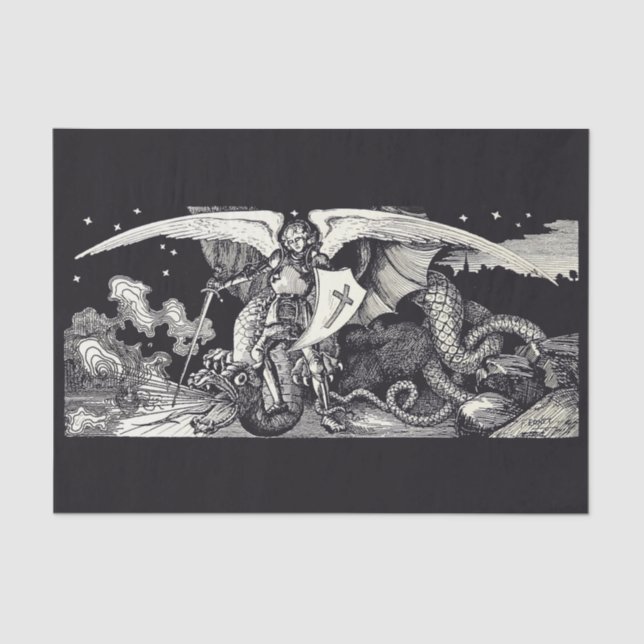 Papier Mousseline Chevalier médiéval et dragon B W Papier Tissu (Recto)