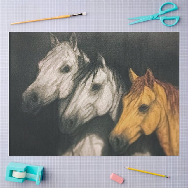 Papier Mousseline Chevaux aquarelle decoupage (Artisanat)