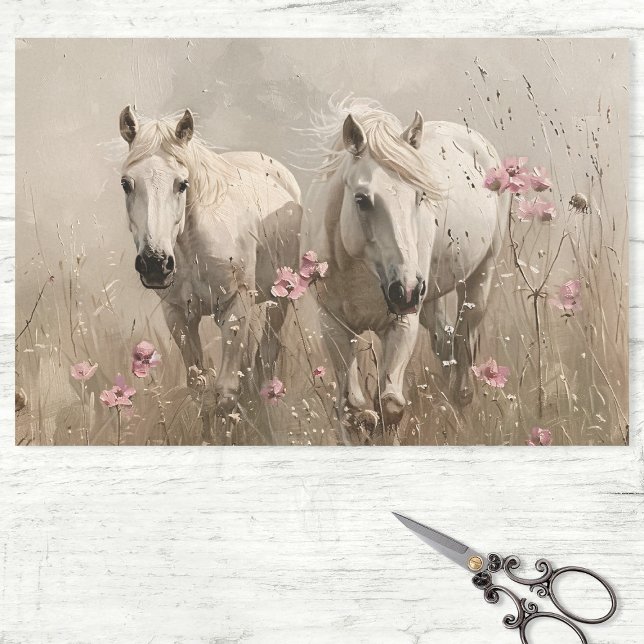 Papier Mousseline Chevaux gris Fleurs roses Peinture à l'huile Décou (Créateur téléchargé)