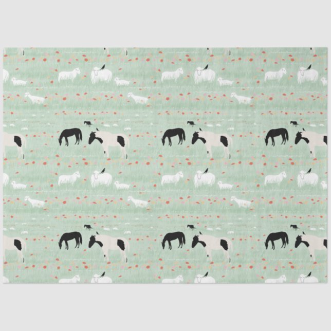 Papier Mousseline Chevaux Moutons Ferme Rose Orange Fleurs (Recto)