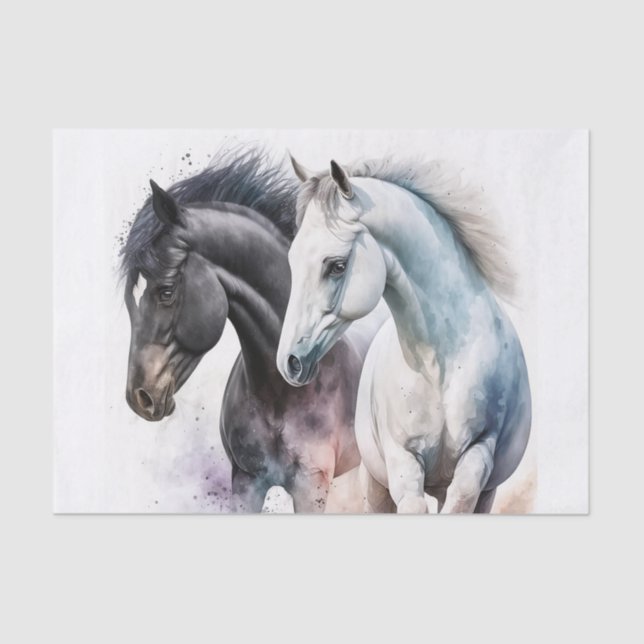 Papier Mousseline Chevaux noir et blanc en aquarelle (Recto)