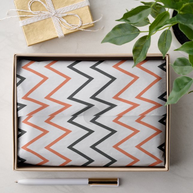 Papier Mousseline Chevron Zigzag Orange Noir (Cadeau)