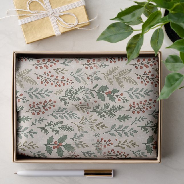 Papier Mousseline Chic Botanical Holly Berry Floral Pattern (Cadeau)