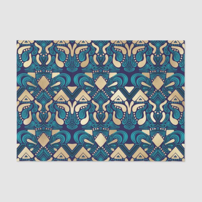 Papier Mousseline Chic Hipster Gold Emerald Blue Tribal Artsy Damask (Recto)