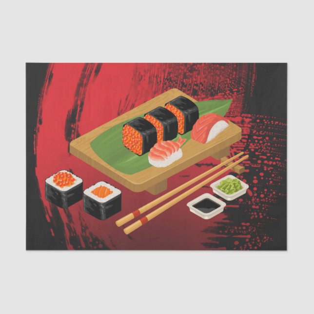 Papier Mousseline Chic Moderne Elegant Black & Red Sushi Party (Recto)