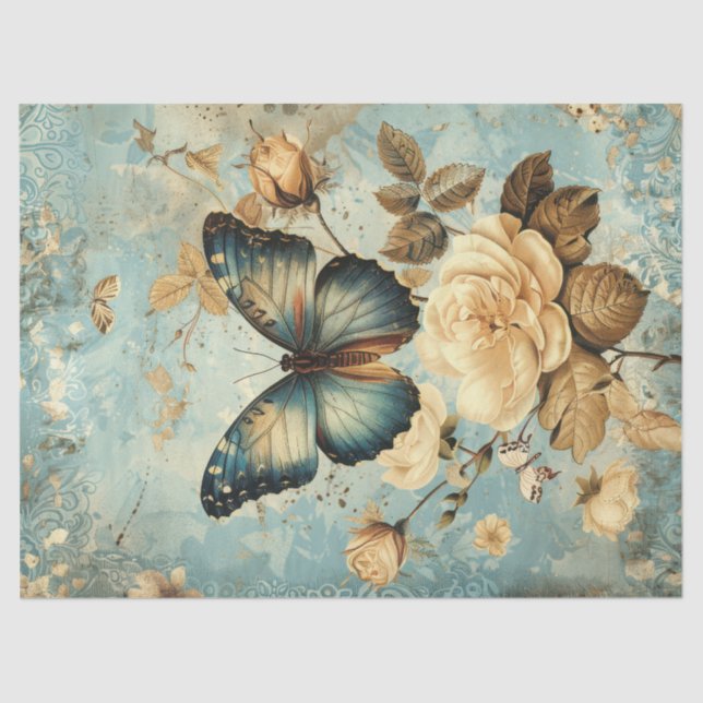 Papier Mousseline Chic papillon bleu Shabby & roses blanches (Recto)