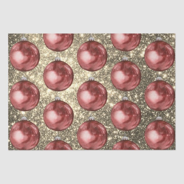 Papier Mousseline Chic Rouge boules de Noël or étincelles (Recto)