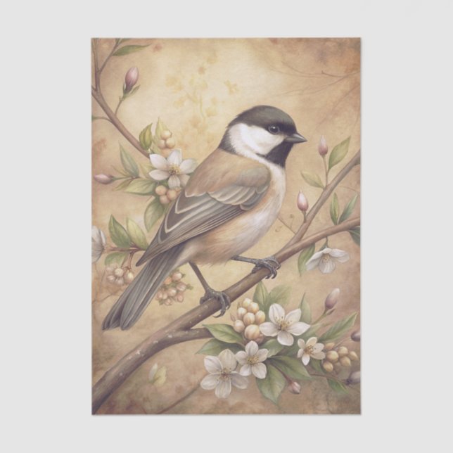 Papier Mousseline Chickadee Bird on a Branch with White Blossoms (Recto)