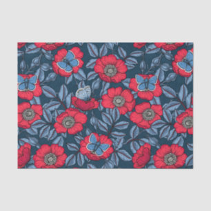 Papier Mousseline Chien rose et papillons en bleu et rouge
