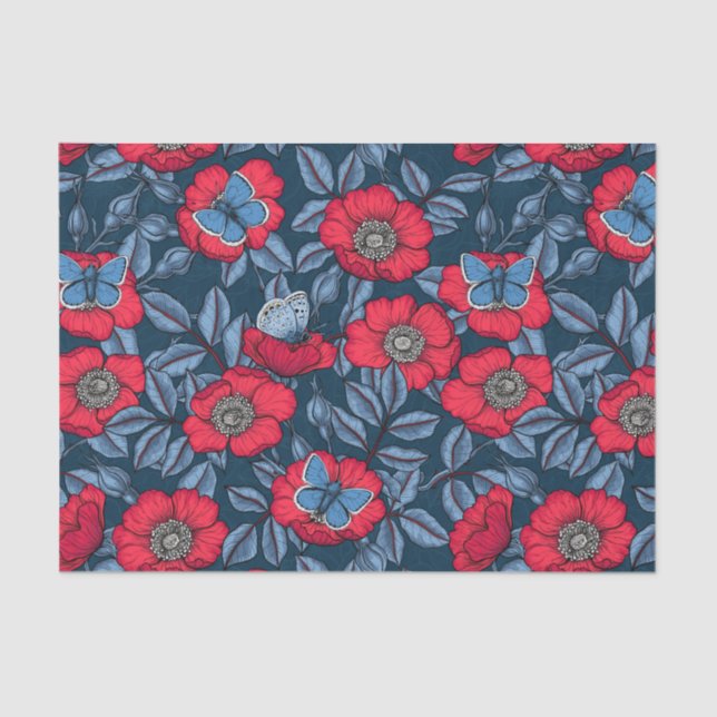 Papier Mousseline Chien rose et papillons en bleu et rouge (Recto)