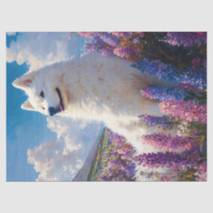 Papier Mousseline Chien Samoyède Fleurs de Lupin Violet Découpage