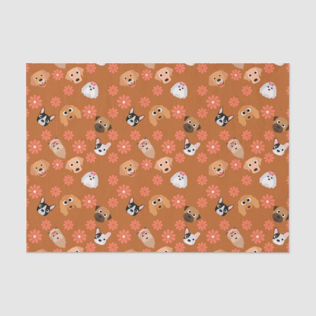 Papier Mousseline Chiens et fleurs rouille (Recto)