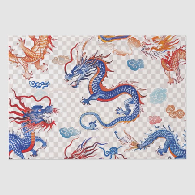Papier Mousseline Chinois bleu moyen dragon volant (Recto)