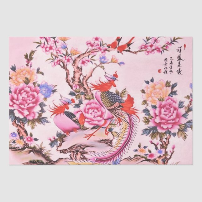 Papier Mousseline Chinois Floral Birds Chinois Rose Chinoiserie Déco (Recto)