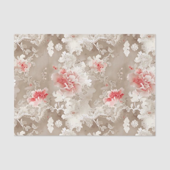 Papier Mousseline Chinoiserie Asiatique Floral Blanc Rose Découpage (Recto)
