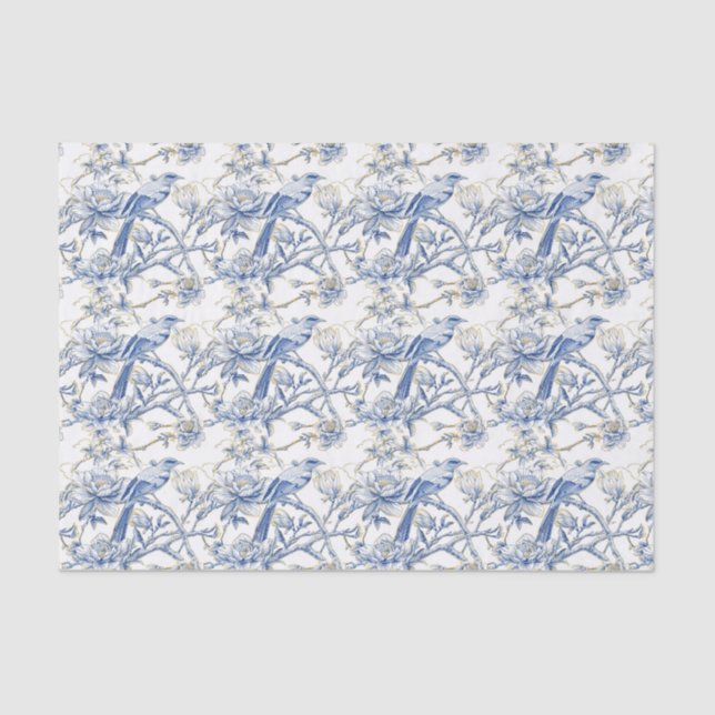 Papier Mousseline Chinoiserie Asiatique Oiseau Blanc Bleu Floral Déc (Recto)