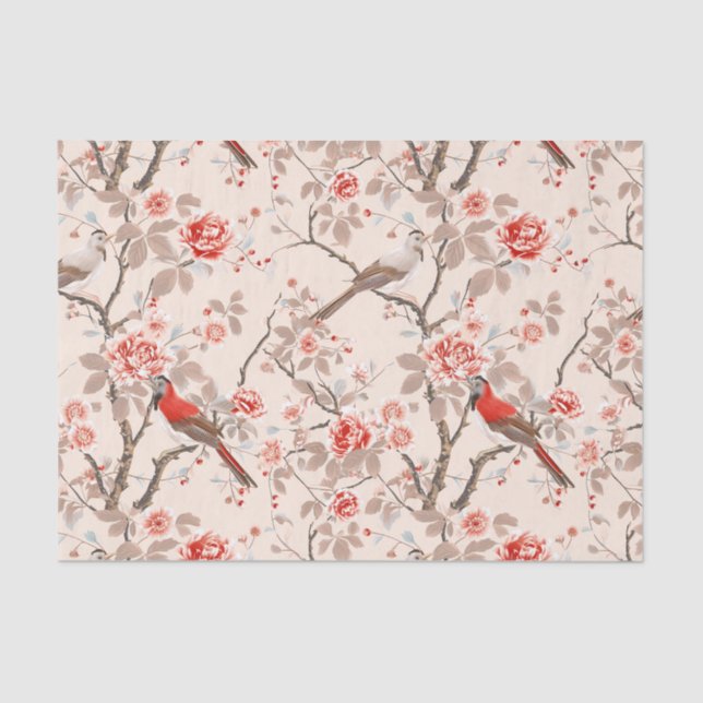 Papier Mousseline Chinoiserie Asiatique Oiseaux rouges Pink Flower D (Recto)