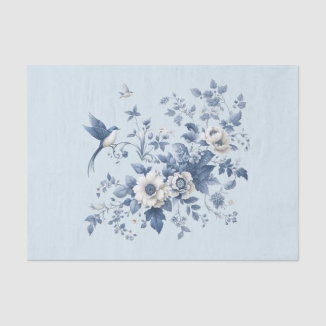 Papier Mousseline Chinoiserie Bird et Floral Blue (Recto)