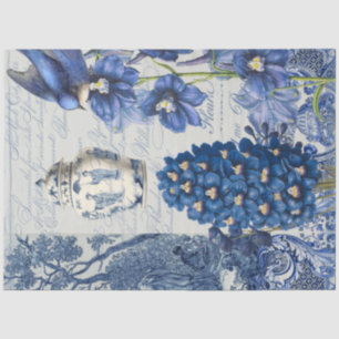 Papier Mousseline Chinoiserie Bleu Blanc Fleur Jar Script Ephemera