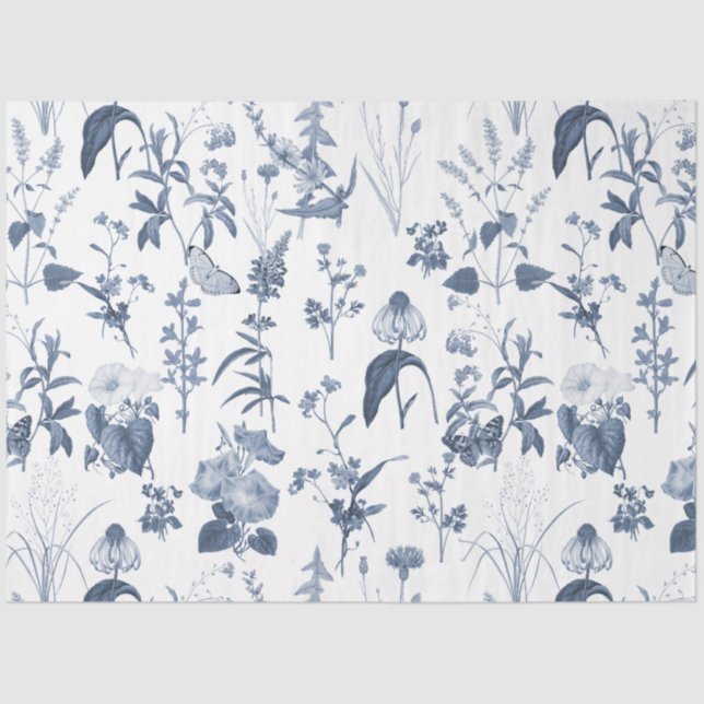 Papier Mousseline Chinoiserie Bleu Blanc Fleur sauvage Floral Découp (Recto)